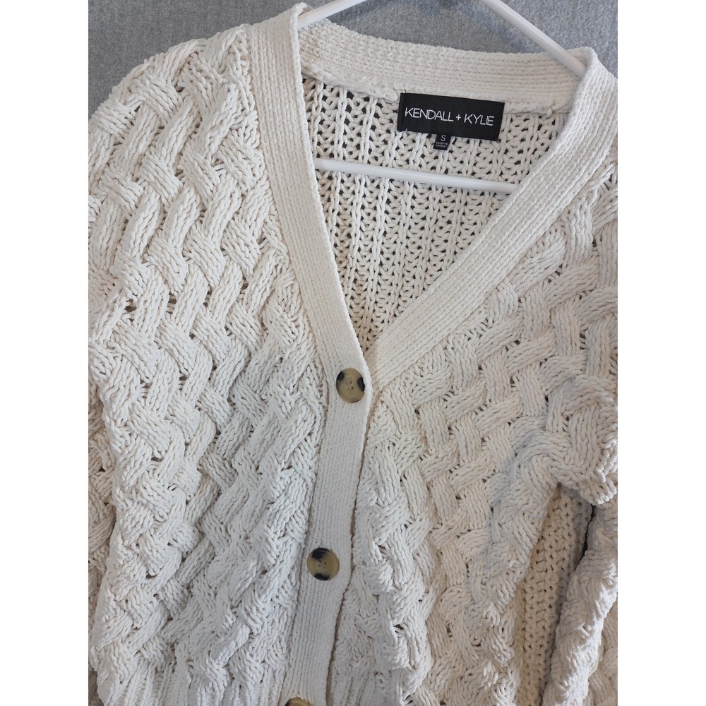 Kendall + Kylie S Cropped Chunky Cardigan Sweater Basketweave Soft Woven White